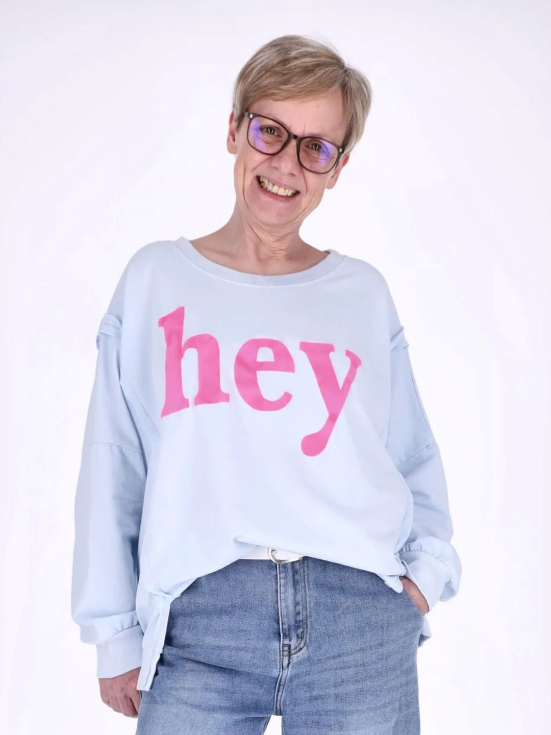 Blaues Damen Oversize Sweatshirt „HEY“ mit Statement-Print