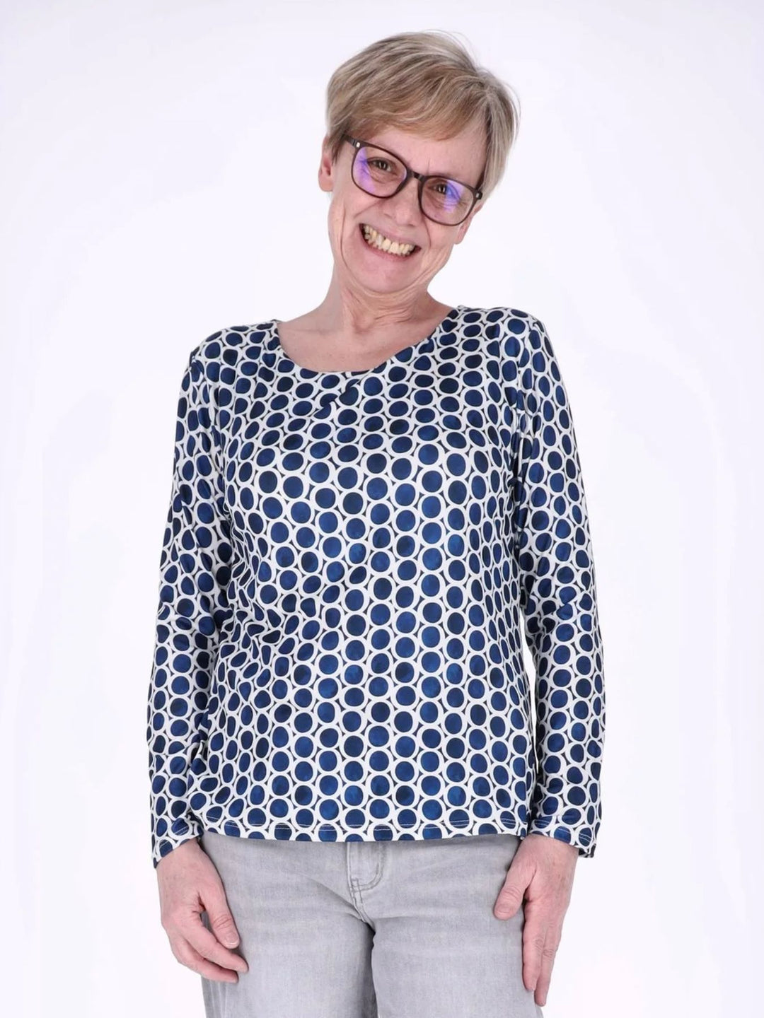 Dunkelblaues Damen Shirt mit Allover Kreis-Muster
