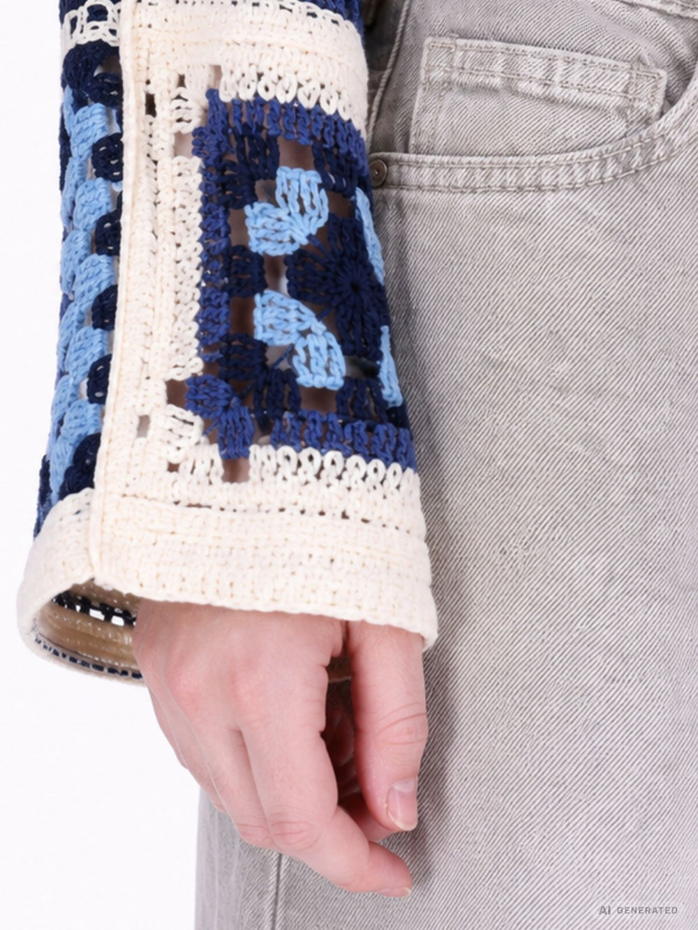Damen Häkelpullover im Boho-Stil mit Patchwork-Muster – Blau & Creme