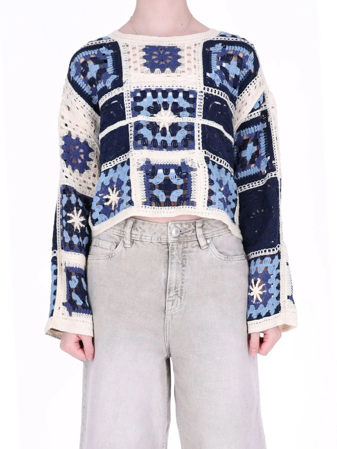 Damen Häkelpullover im Boho-Stil mit Patchwork-Muster – Blau & Creme