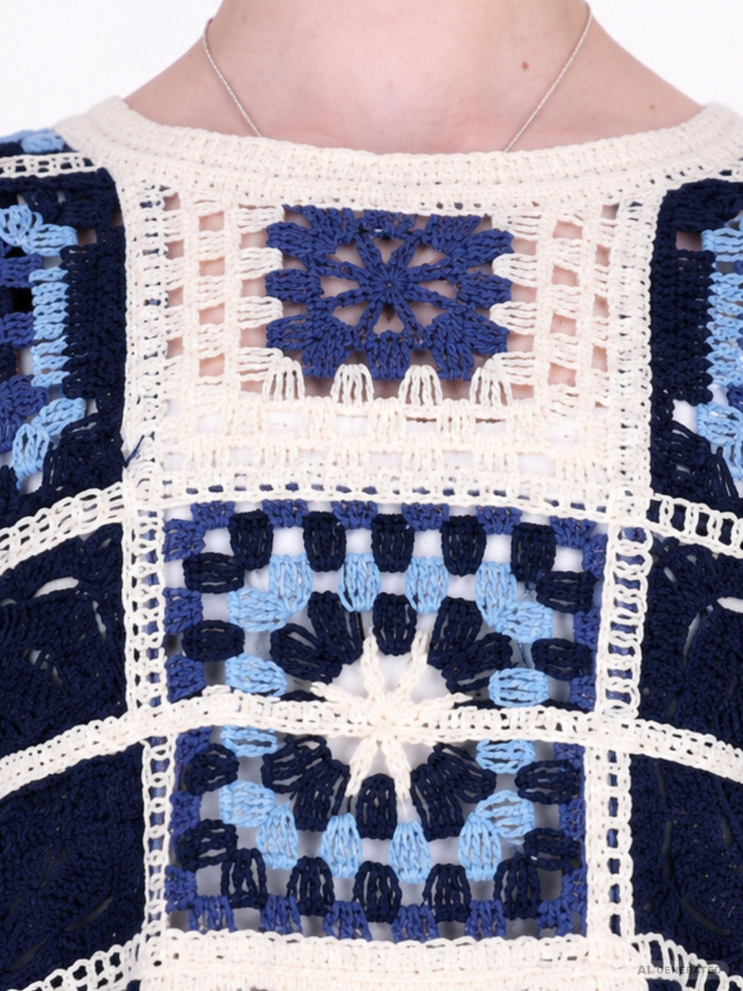 Damen Häkelpullover im Boho-Stil mit Patchwork-Muster – Blau & Creme