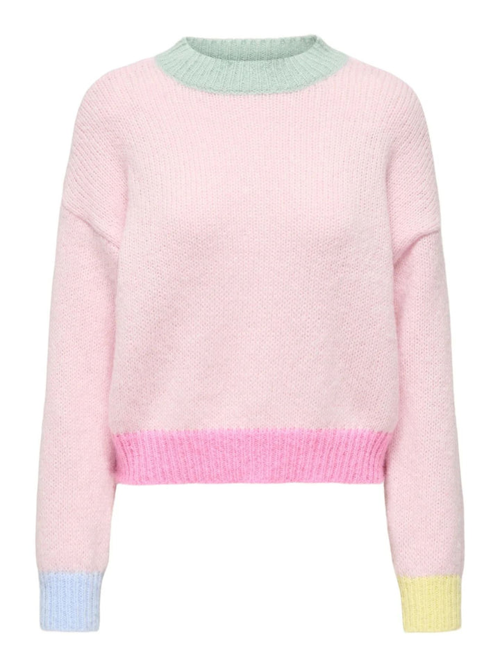 Damen Strickpullover in Rosa mit bunten Kontrastdetails