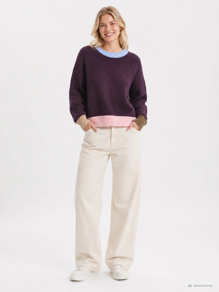 Lila Damen Strickpullover mit bunten Kontrastdetails