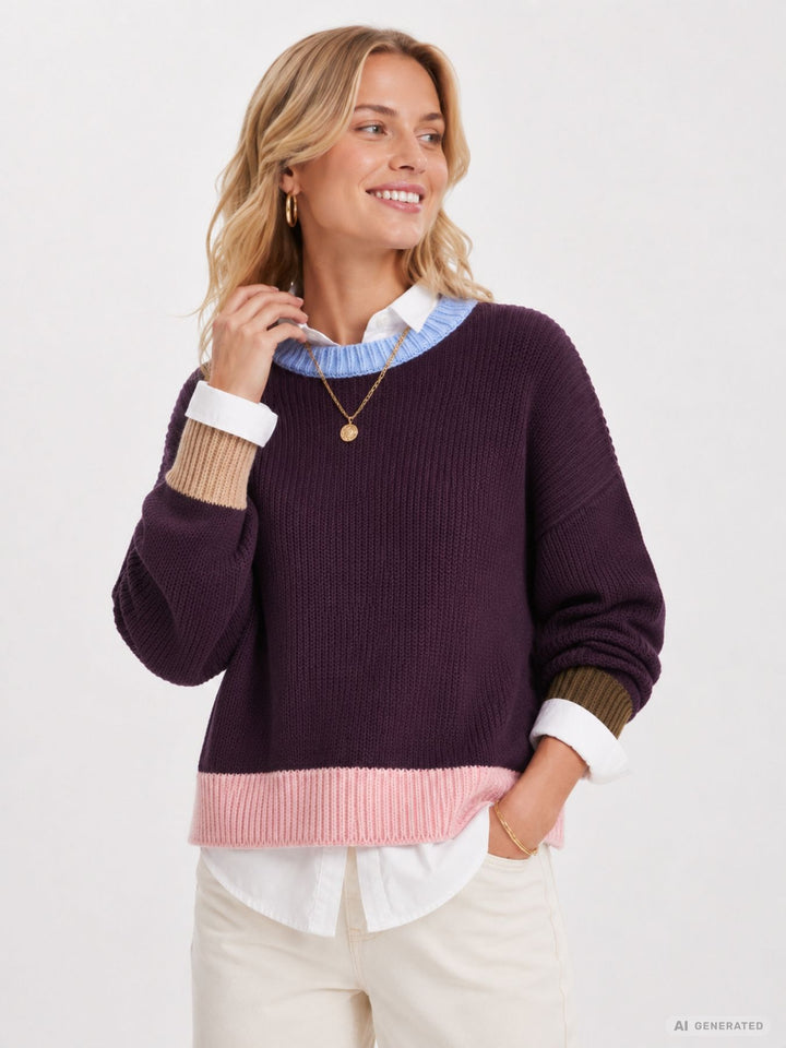 Lila Damen Strickpullover mit bunten Kontrastdetails