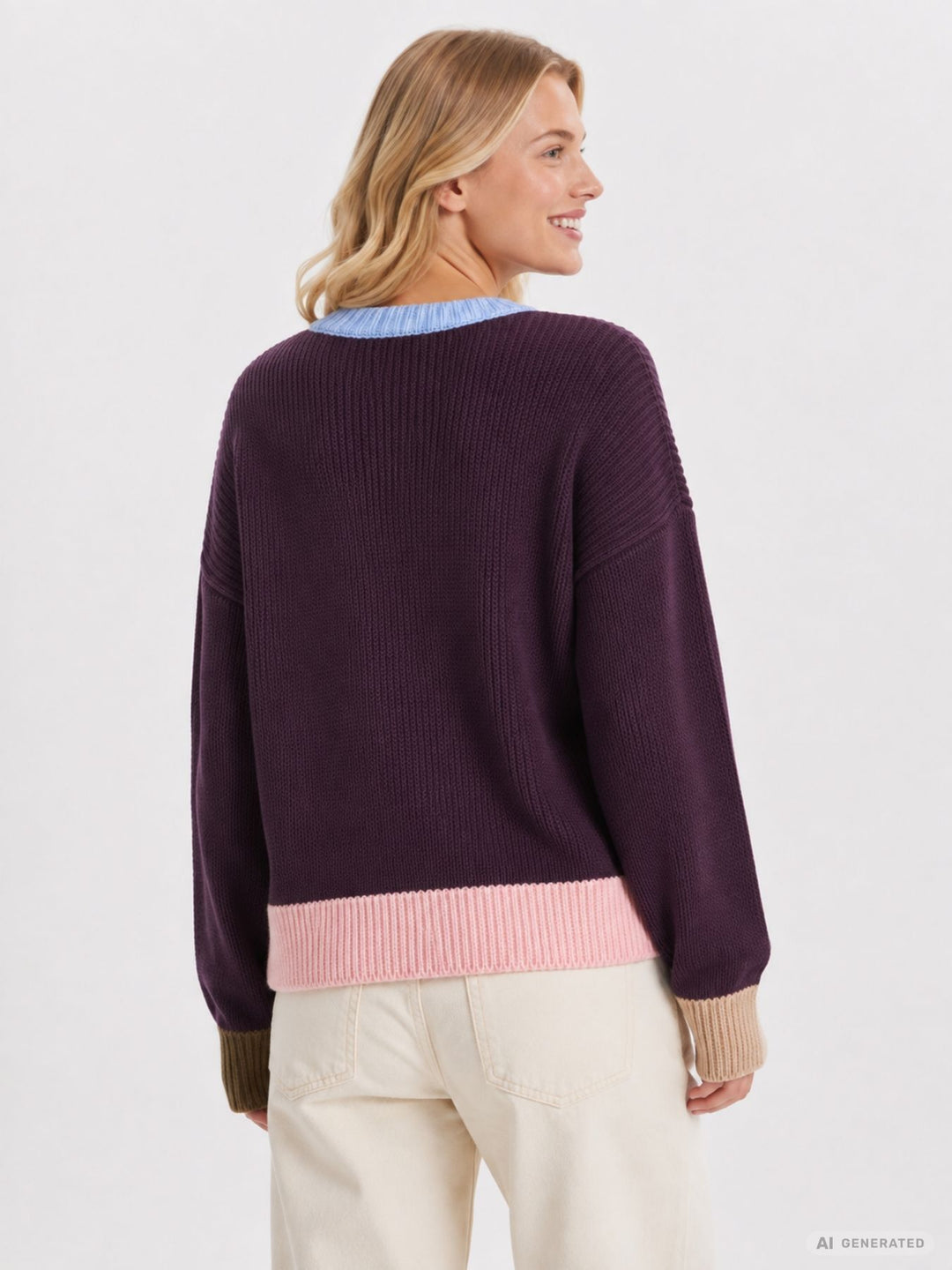 Lila Damen Strickpullover mit bunten Kontrastdetails