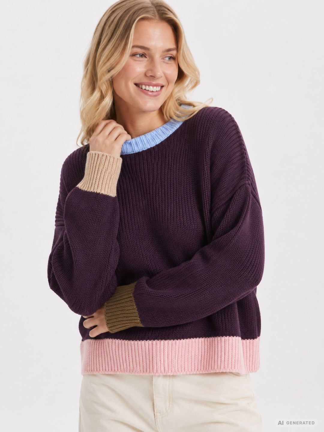Lila Damen Strickpullover mit bunten Kontrastdetails