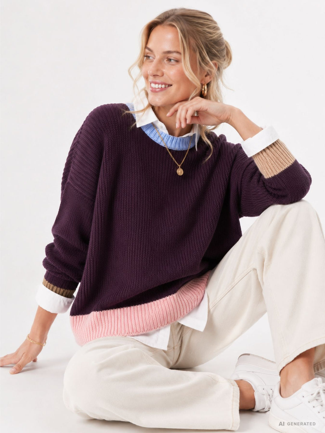 Lila Damen Strickpullover mit bunten Kontrastdetails