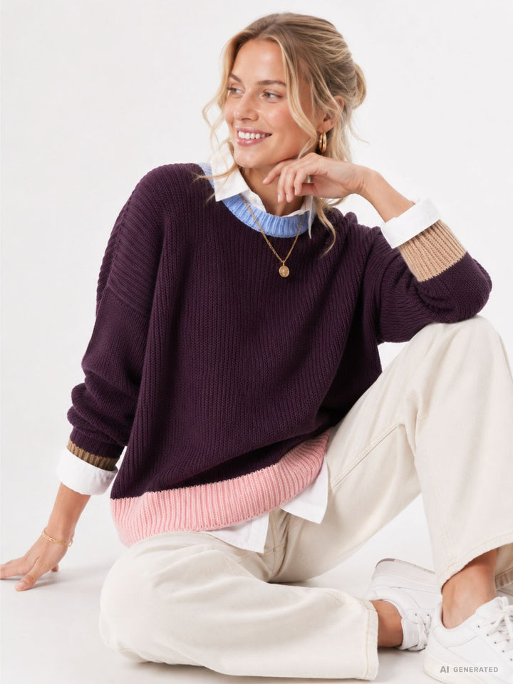 Lila Damen Strickpullover mit bunten Kontrastdetails