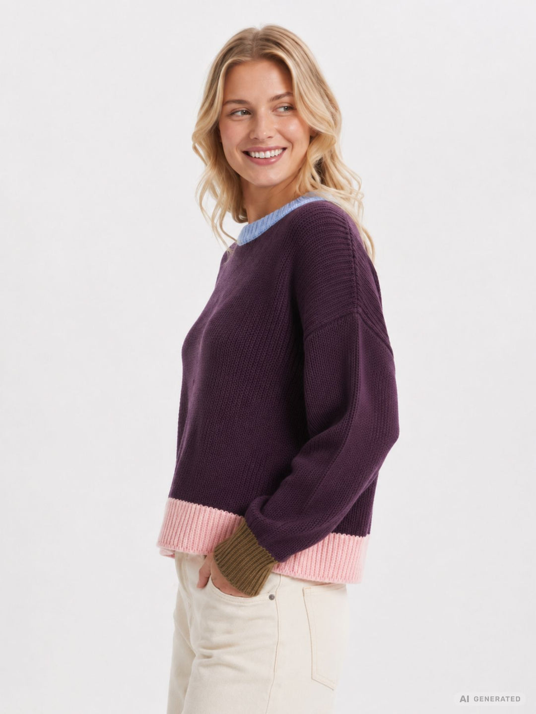 Lila Damen Strickpullover mit bunten Kontrastdetails