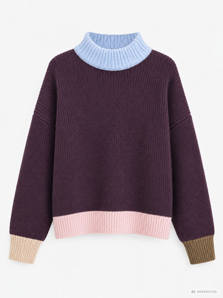 Lila Damen Strickpullover mit bunten Kontrastdetails