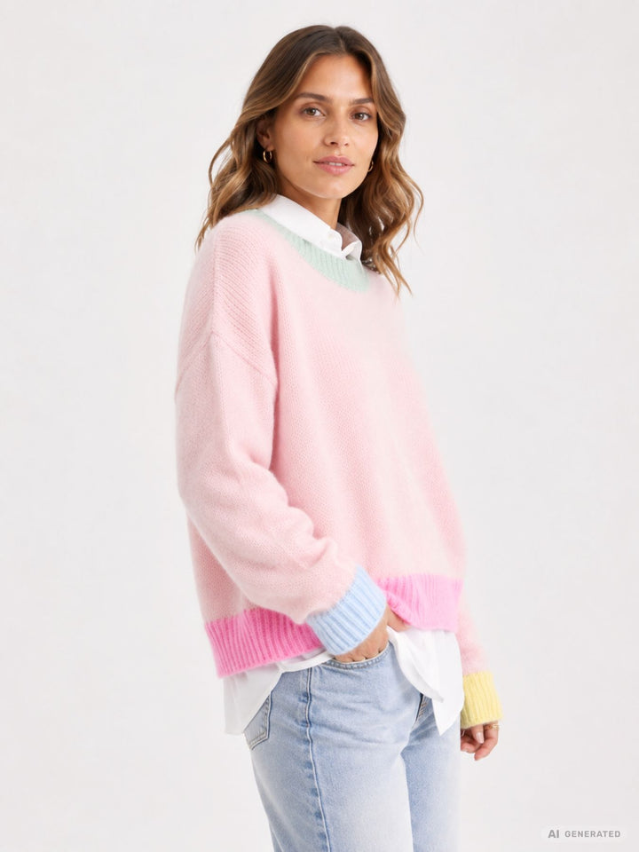 Damen Strickpullover in Rosa mit bunten Kontrastdetails