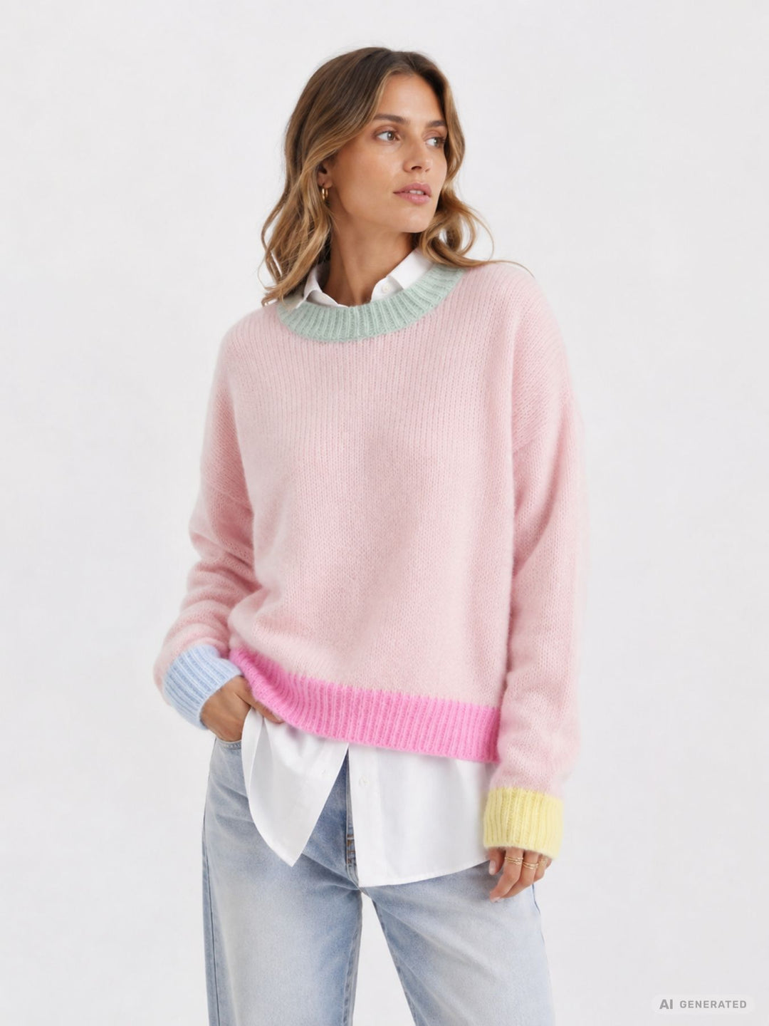 Damen Strickpullover in Rosa mit bunten Kontrastdetails