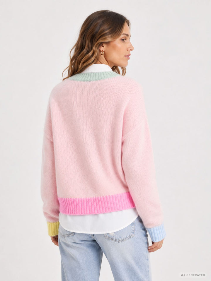 Damen Strickpullover in Rosa mit bunten Kontrastdetails