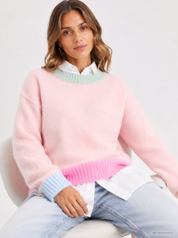 Damen Strickpullover in Rosa mit bunten Kontrastdetails