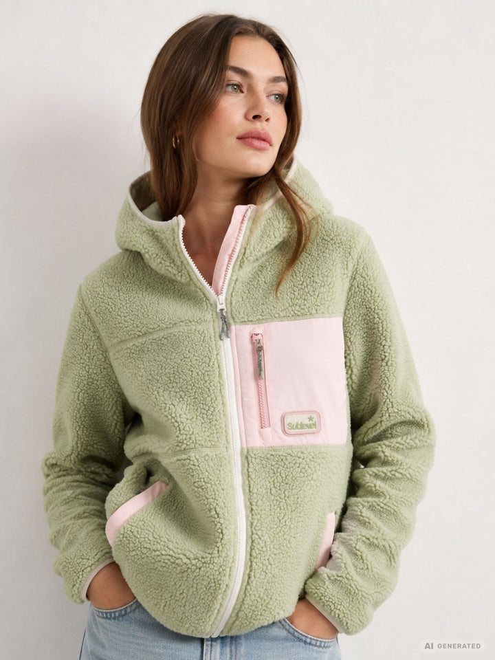 Damen Fleecejacke mit Kapuze – kuscheliger Freizeit-Look in Grün & Rosa
