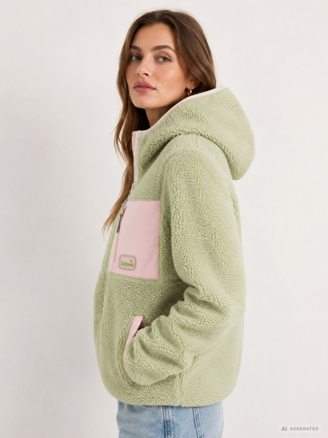 Damen Fleecejacke mit Kapuze – kuscheliger Freizeit-Look in Grün & Rosa