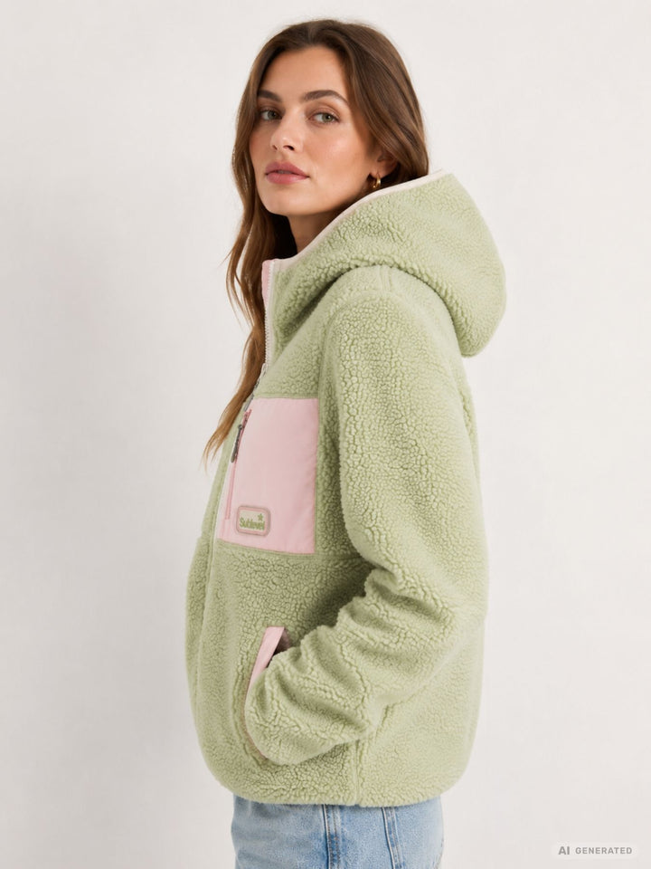 Damen Fleecejacke mit Kapuze – kuscheliger Freizeit-Look in Grün & Rosa
