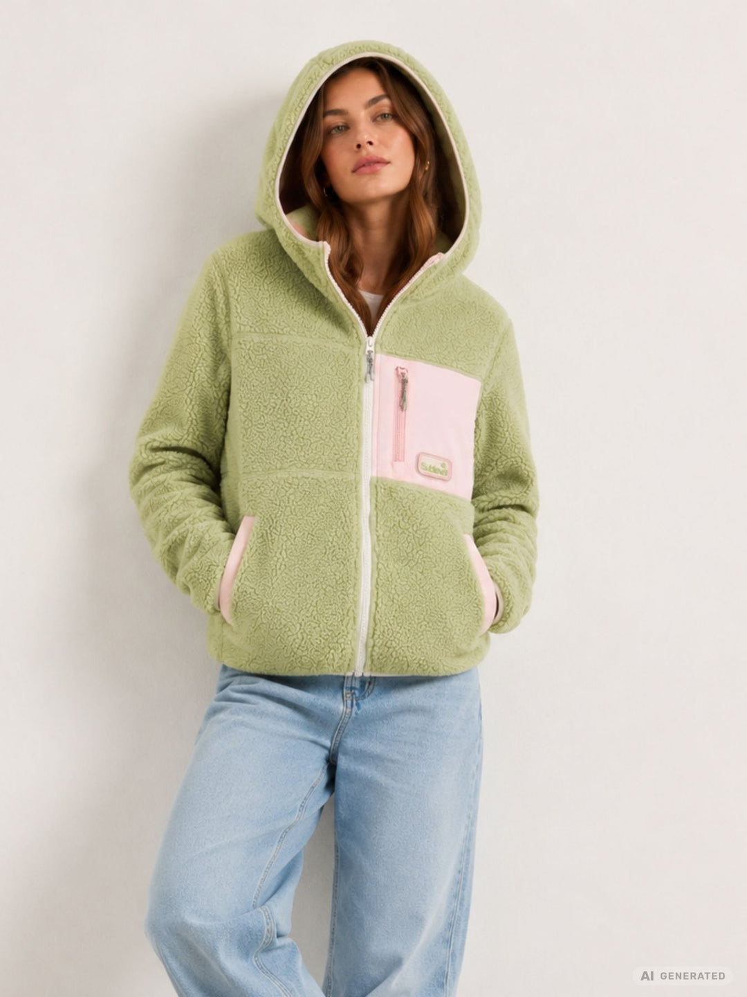 Damen Fleecejacke mit Kapuze – kuscheliger Freizeit-Look in Grün & Rosa