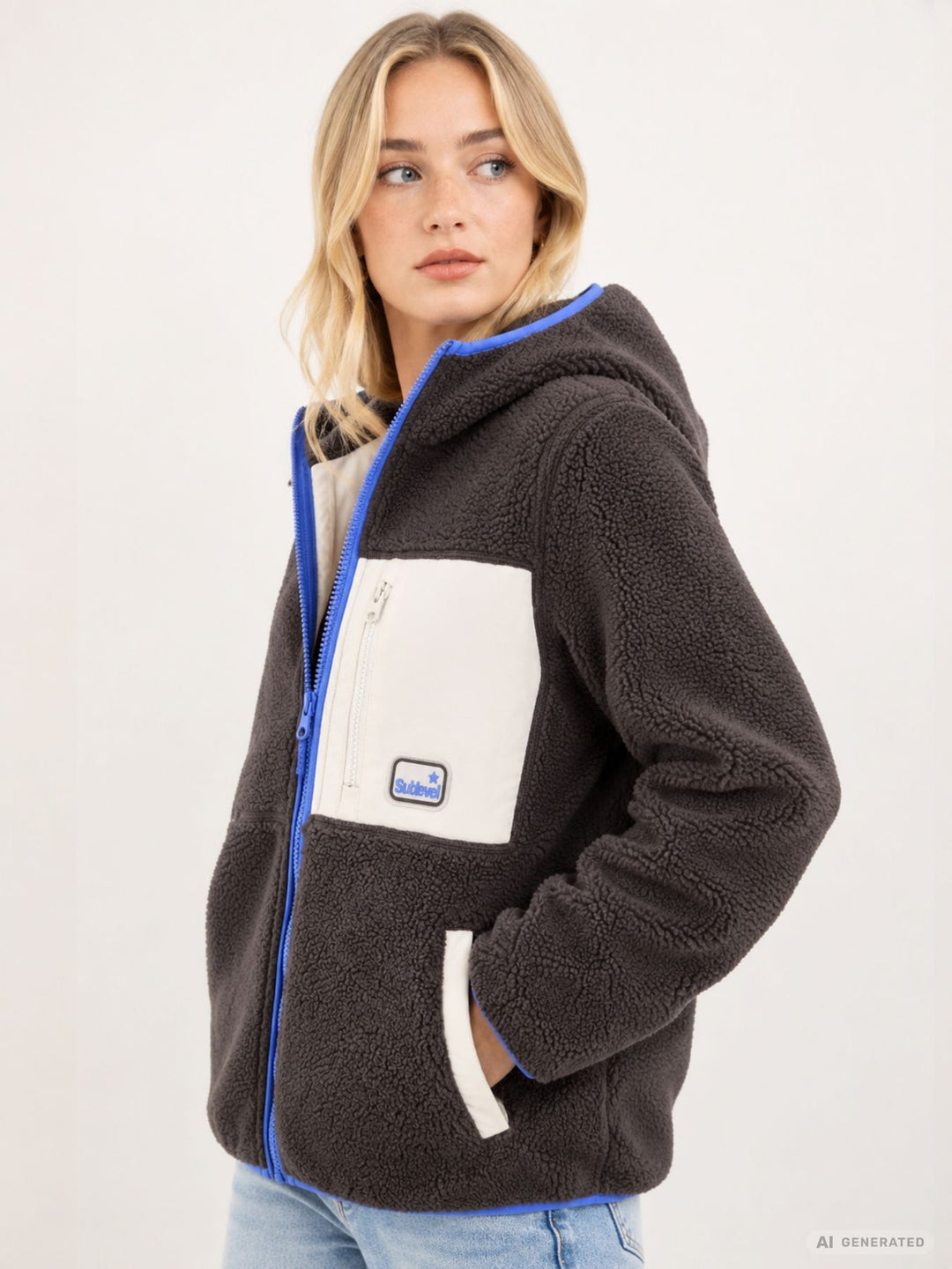 Damen Fleecejacke mit Kapuze – Braun, Blau & Creme