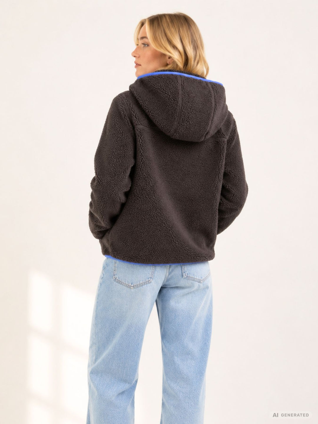 Damen Fleecejacke mit Kapuze – Braun, Blau & Creme