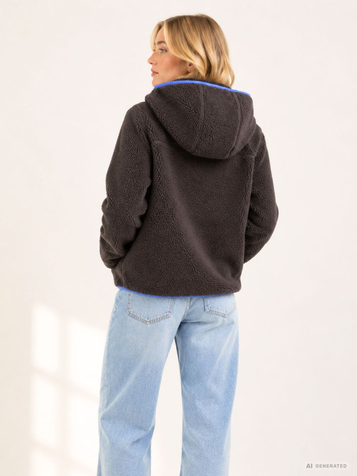 Damen Fleecejacke mit Kapuze – Braun, Blau & Creme