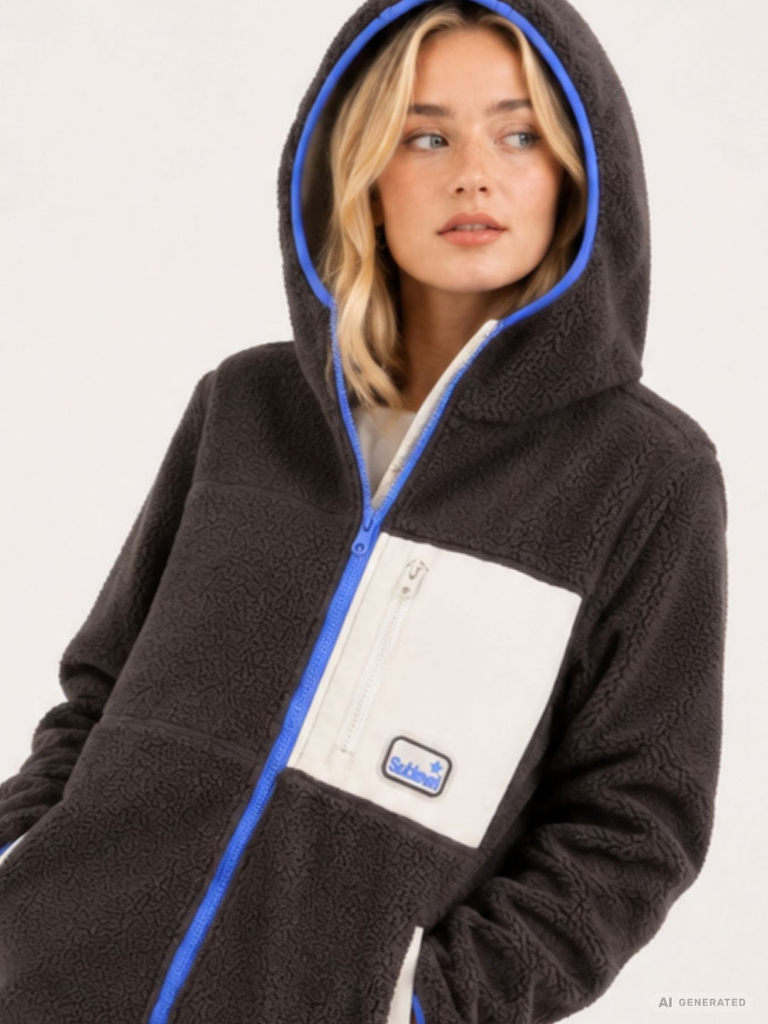 Damen Fleecejacke mit Kapuze – Braun, Blau & Creme