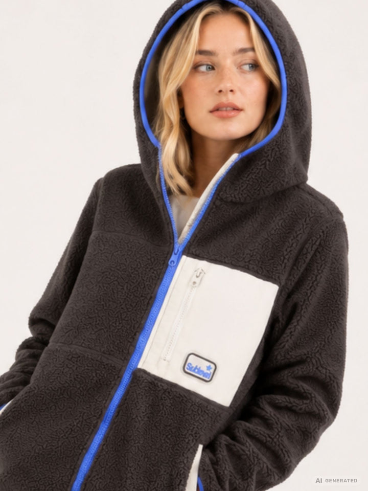 Damen Fleecejacke mit Kapuze – Braun, Blau & Creme