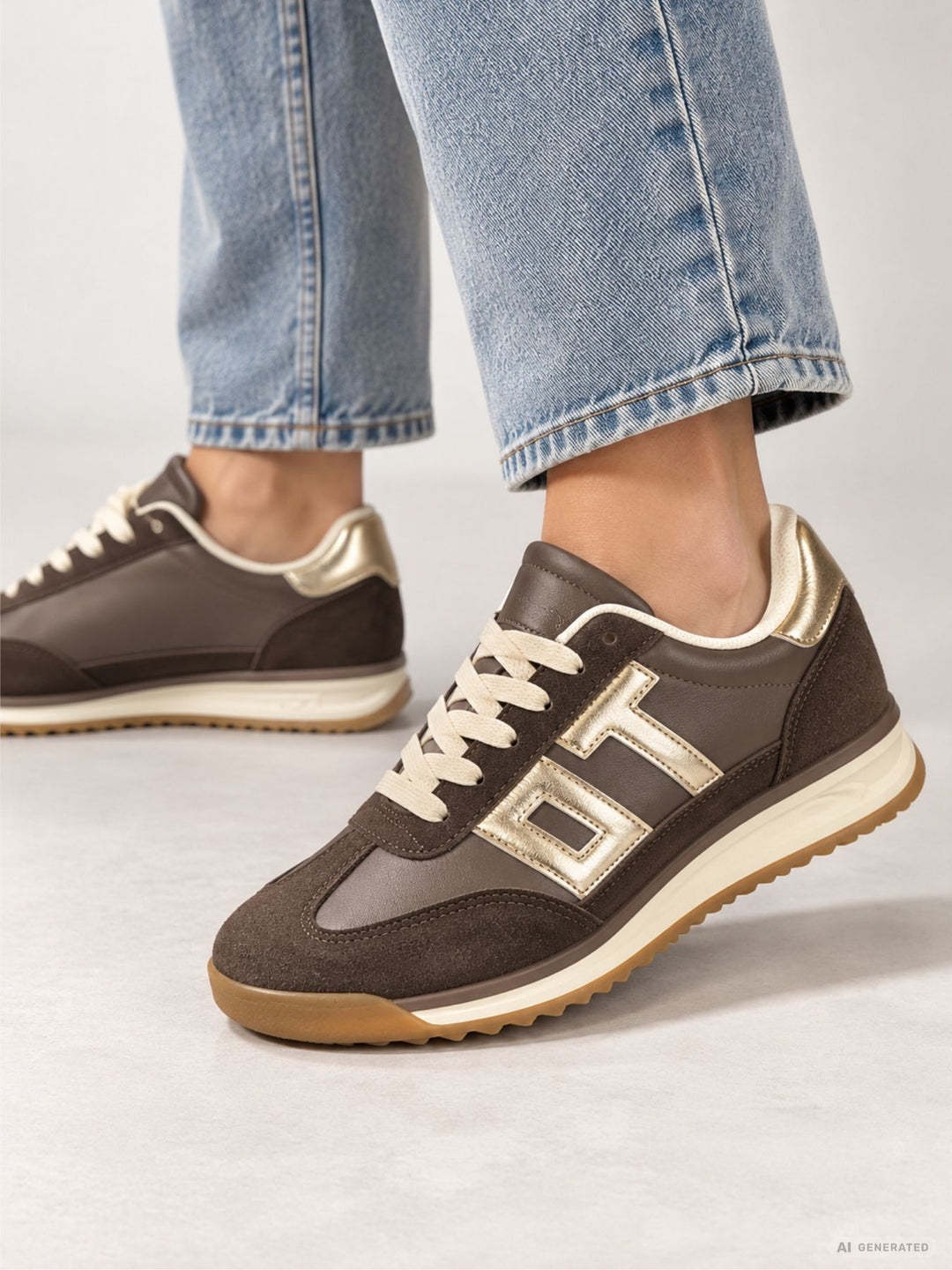 Damen Retro Sneaker in Braun mit Metallic-Details/Retro Look
