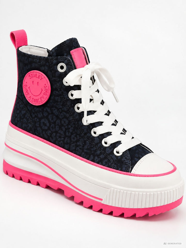 Damen High-Top Sneaker in Dunkelblau mit Leo-Print & Pink