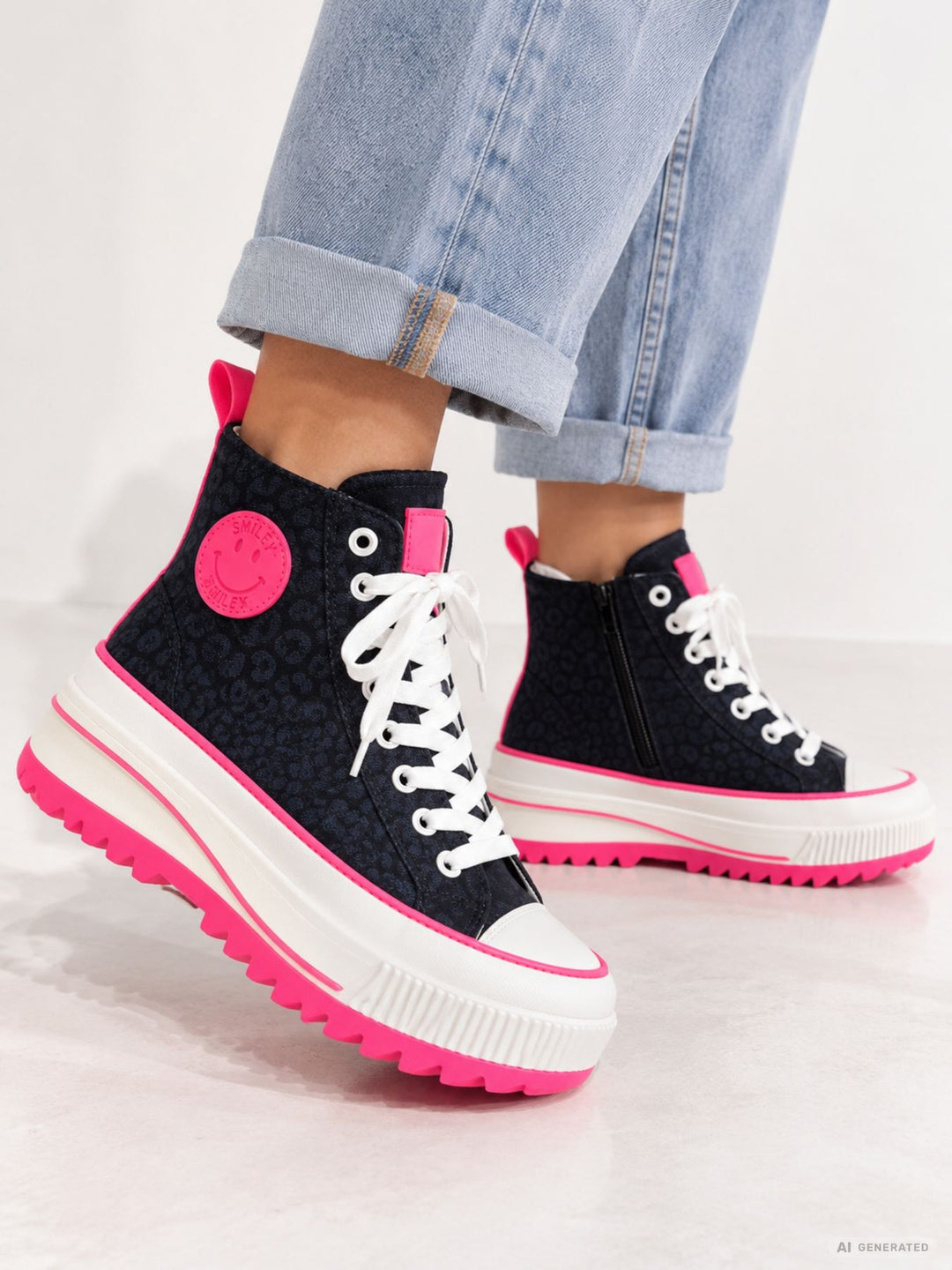 Damen High-Top Sneaker in Dunkelblau mit Leo-Print & Pink