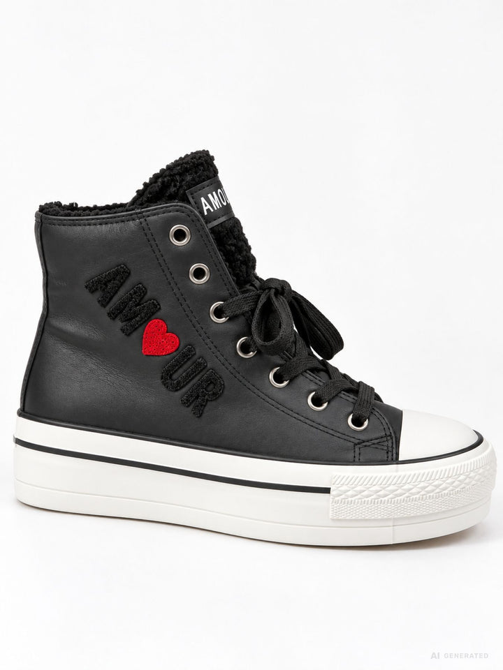Schwarzer High-Top Sneaker mit Plateau & AMOUR-Detail