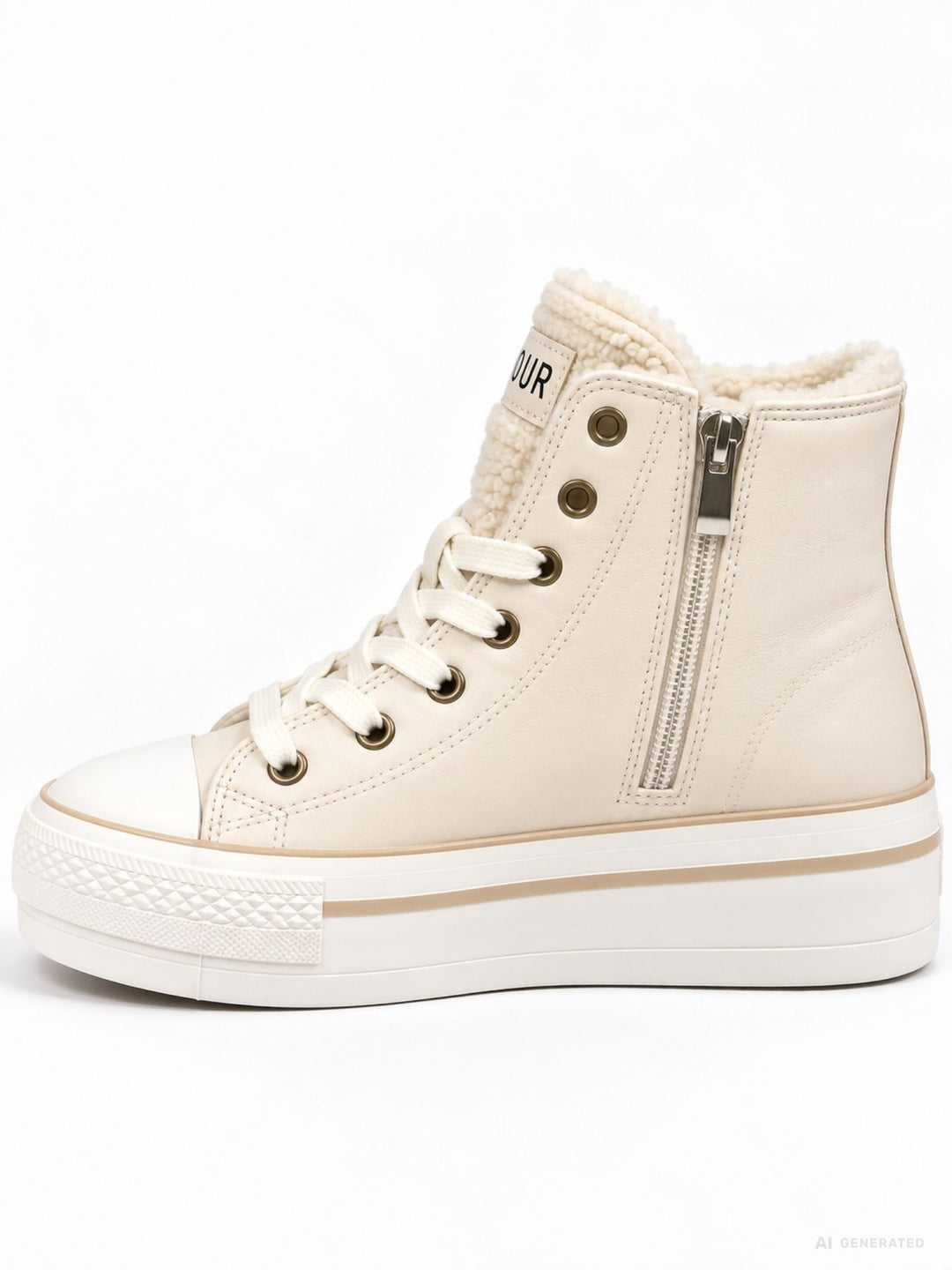 Cremefarbener High-Top Sneaker mit Plateau & AMOUR-Detail