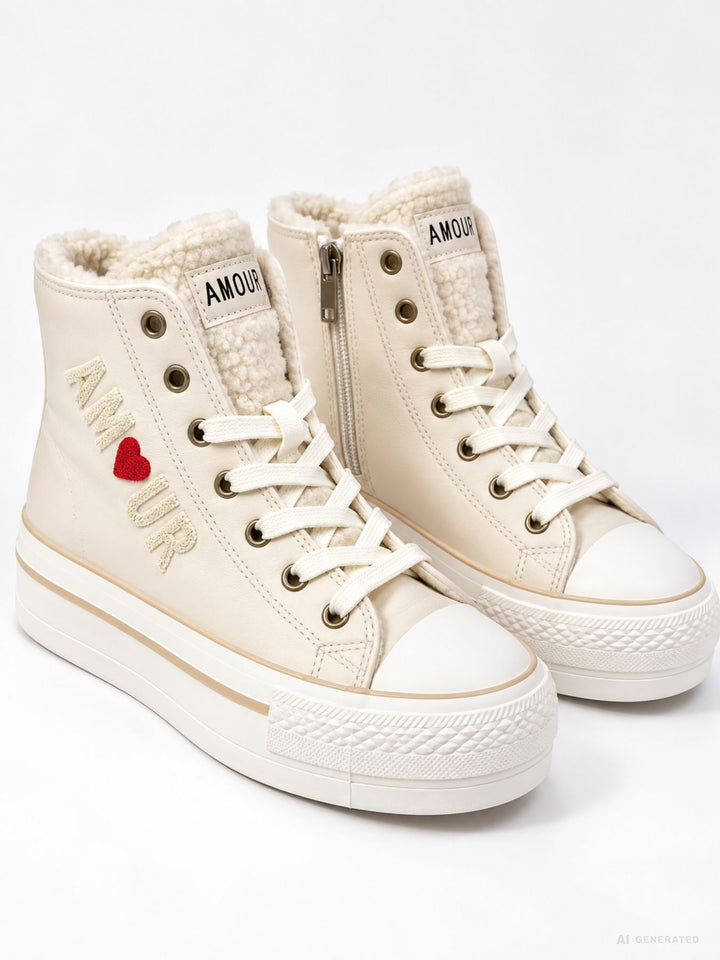 Cremefarbener High-Top Sneaker mit Plateau & AMOUR-Detail