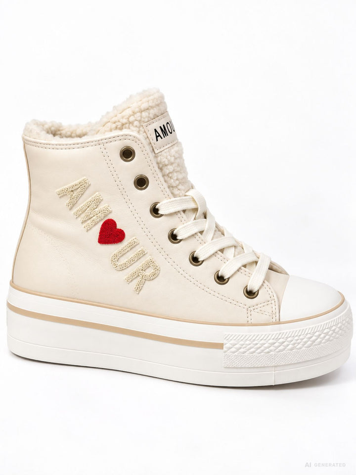 Cremefarbener High-Top Sneaker mit Plateau & AMOUR-Detail