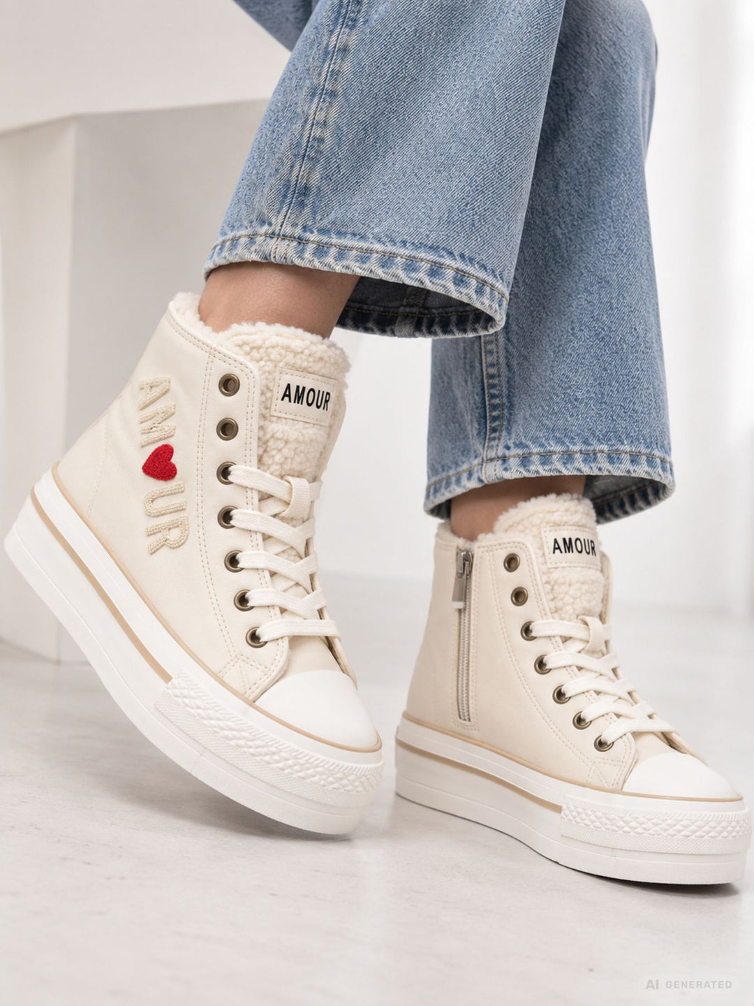Cremefarbener High-Top Sneaker mit Plateau & AMOUR-Detail