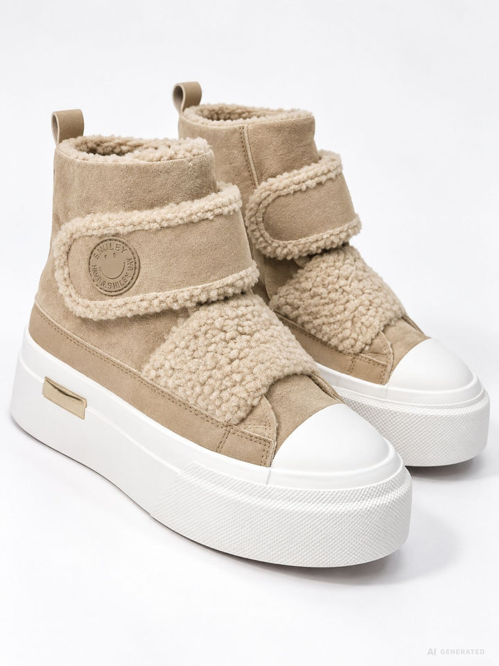 Beige High-Top Plateau Sneaker mit Teddy-Details
