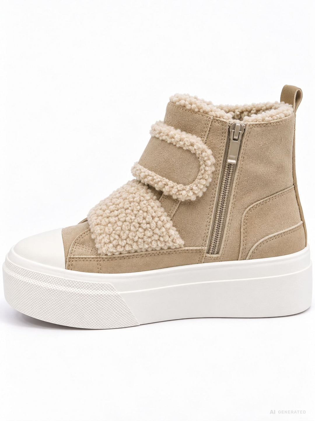 Beige High-Top Plateau Sneaker mit Teddy-Details