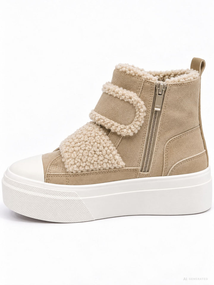 Beige High-Top Plateau Sneaker mit Teddy-Details