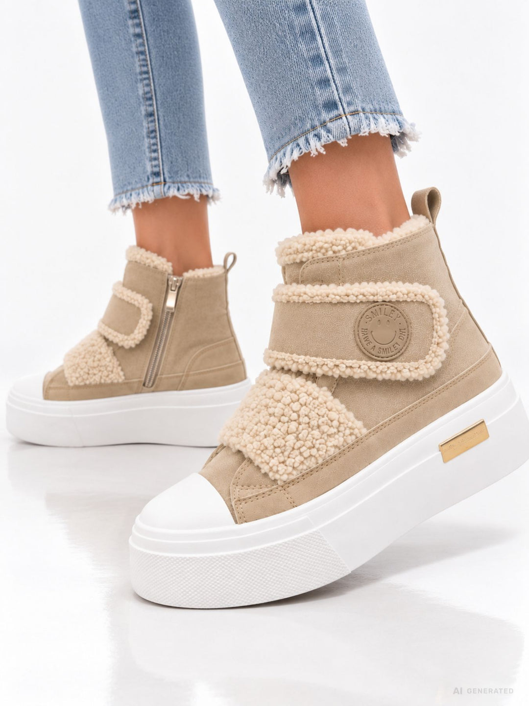 Beige High-Top Plateau Sneaker mit Teddy-Details