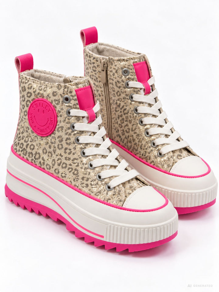 High-Top Plateau Sneaker mit Leo-Print & Pink Details