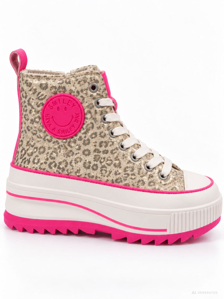 High-Top Plateau Sneaker mit Leo-Print & Pink Details