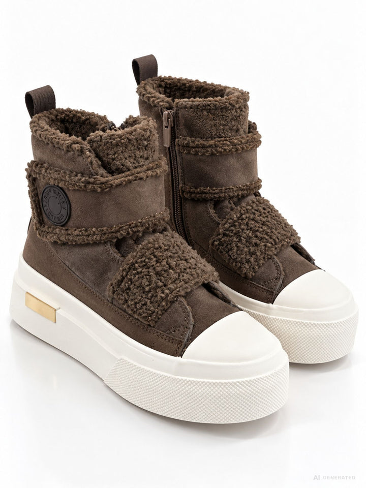 Brauner High-Top Plateau Sneaker mit Teddy-Details