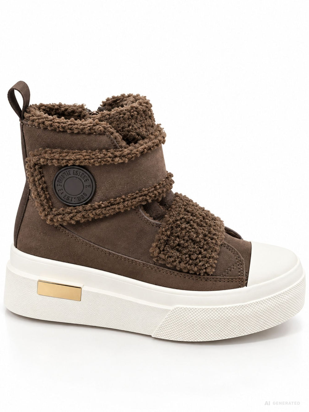 Brauner High-Top Plateau Sneaker mit Teddy-Details