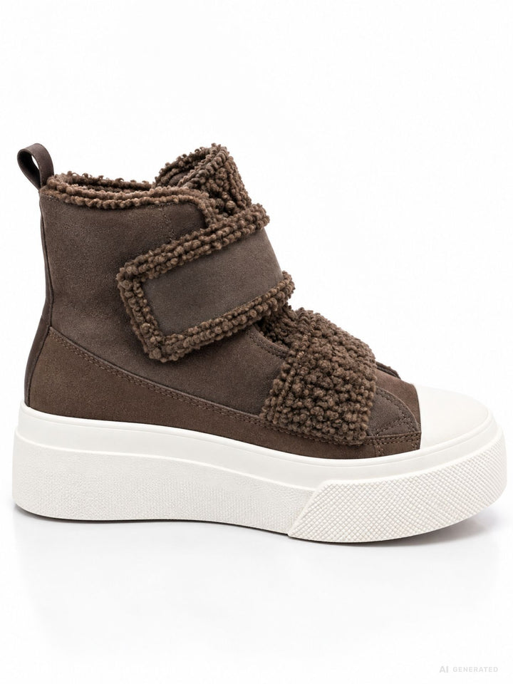 Brauner High-Top Plateau Sneaker mit Teddy-Details