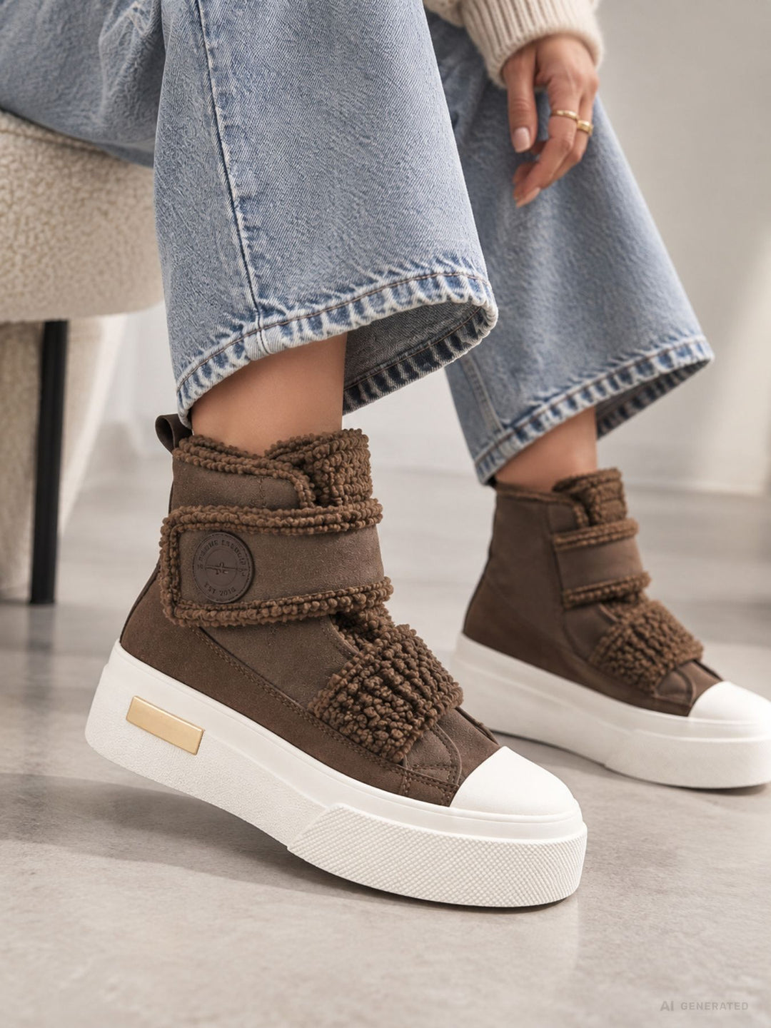 Brauner High-Top Plateau Sneaker mit Teddy-Details