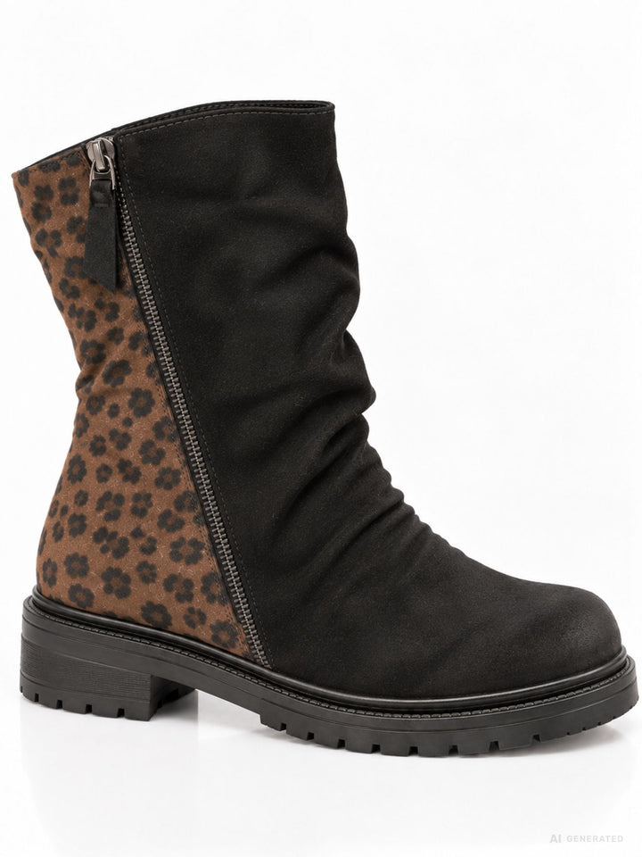 Schwarze Damen Boots mit Leo-Detail