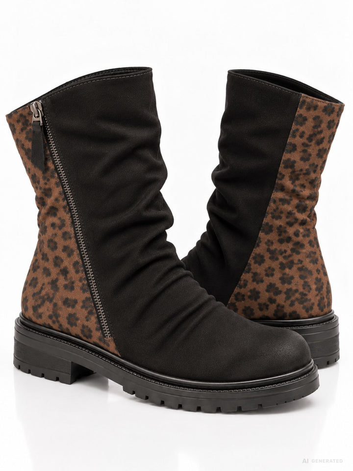 Schwarze Damen Boots mit Leo-Detail