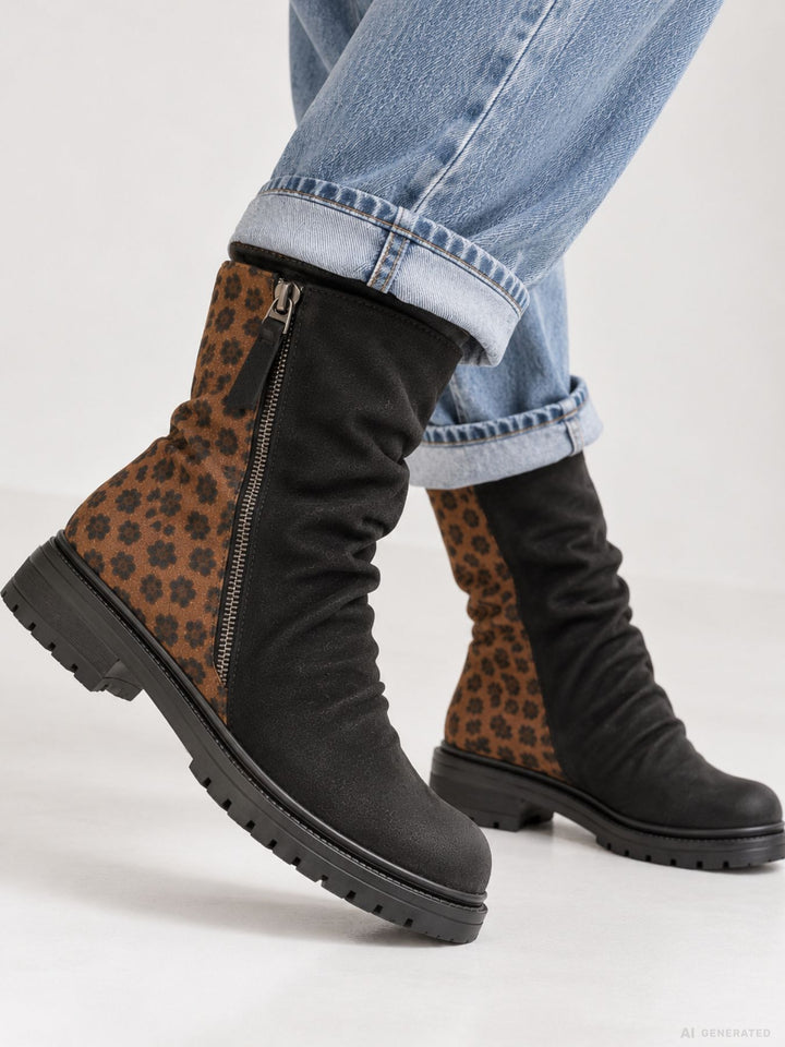 Schwarze Damen Boots mit Leo-Detail
