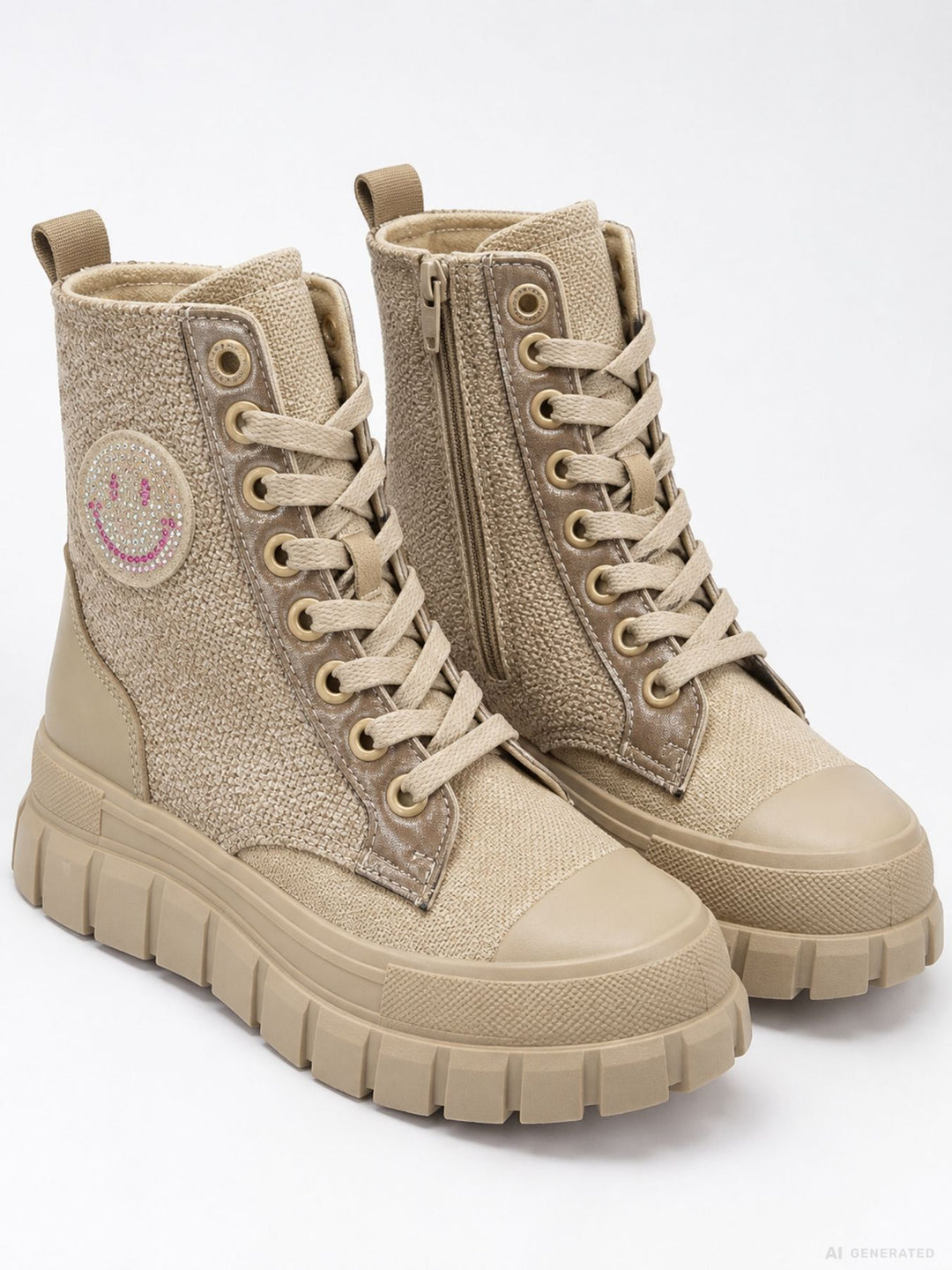 Damen Schnürboots Beige mit Strass-Smiley & Chunky-Sohle