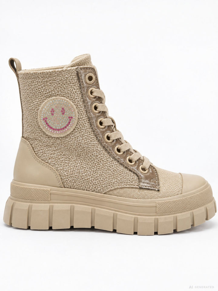 Damen Schnürboots Beige mit Strass-Smiley & Chunky-Sohle